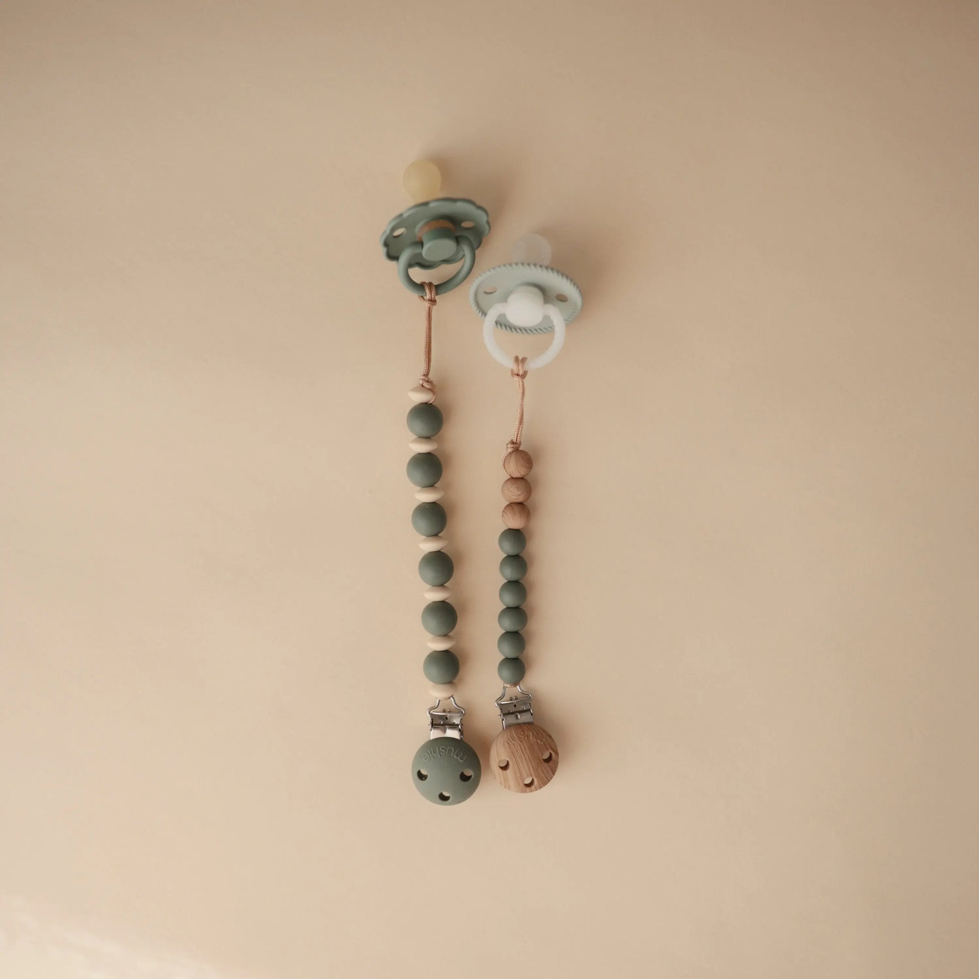 Silicone Pacifier Clip Eva with Faux Wood Clasp and Colorful Beads Mushie Everetts Place: Online Boutique