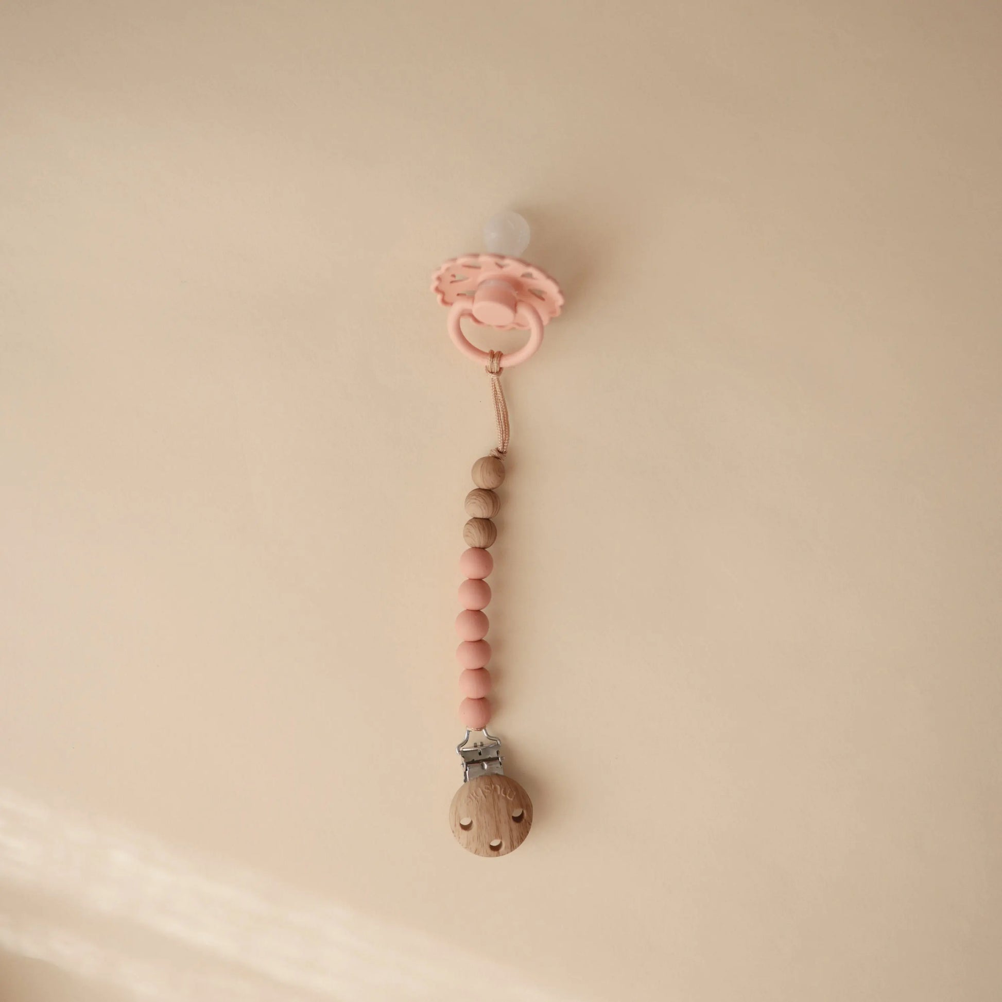 Silicone Pacifier Clip Eva with Faux Wood Clasp and Colorful Beads Mushie Everetts Place: Online Boutique