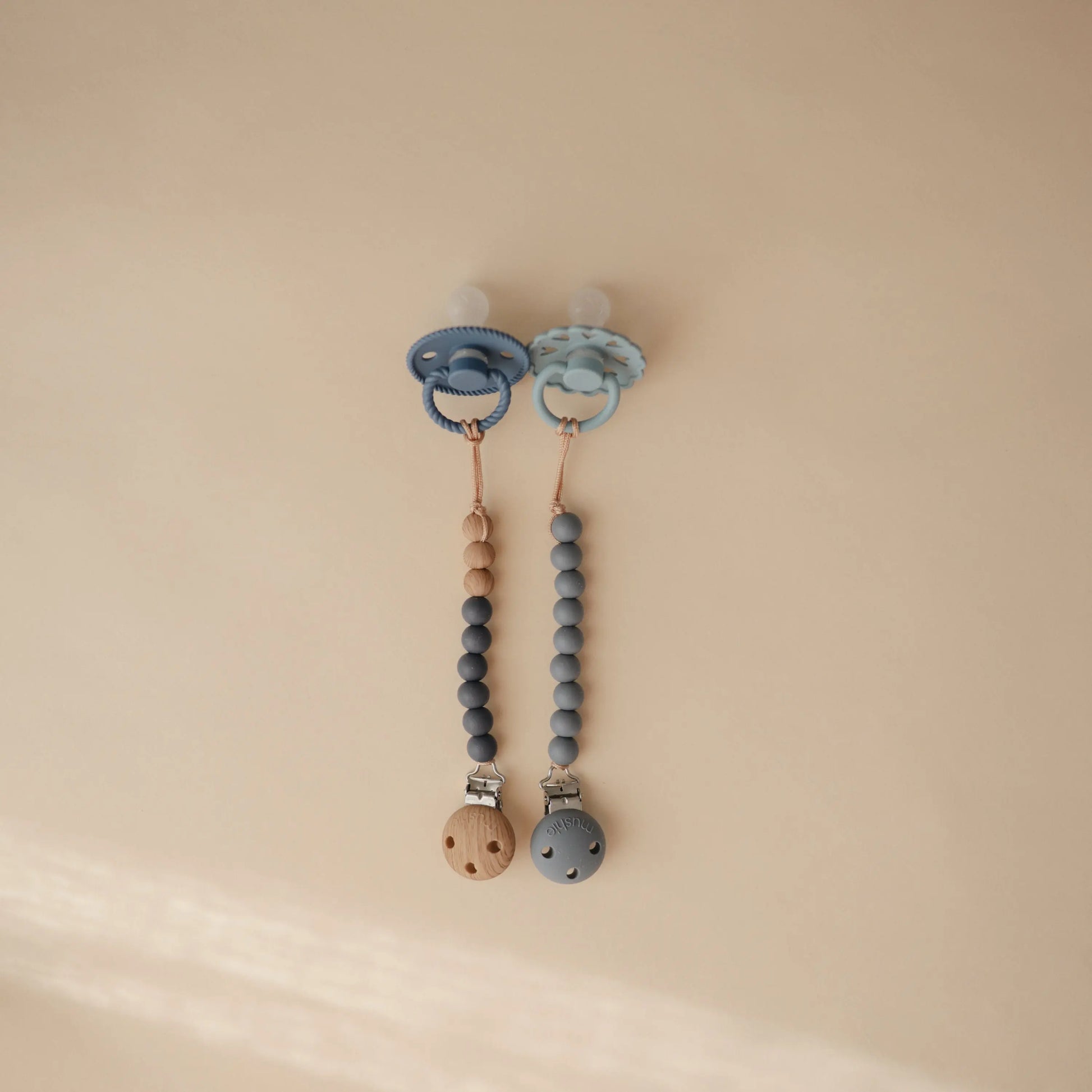 Silicone Pacifier Clip Eva with Faux Wood Clasp and Colorful Beads Mushie Everetts Place: Online Boutique