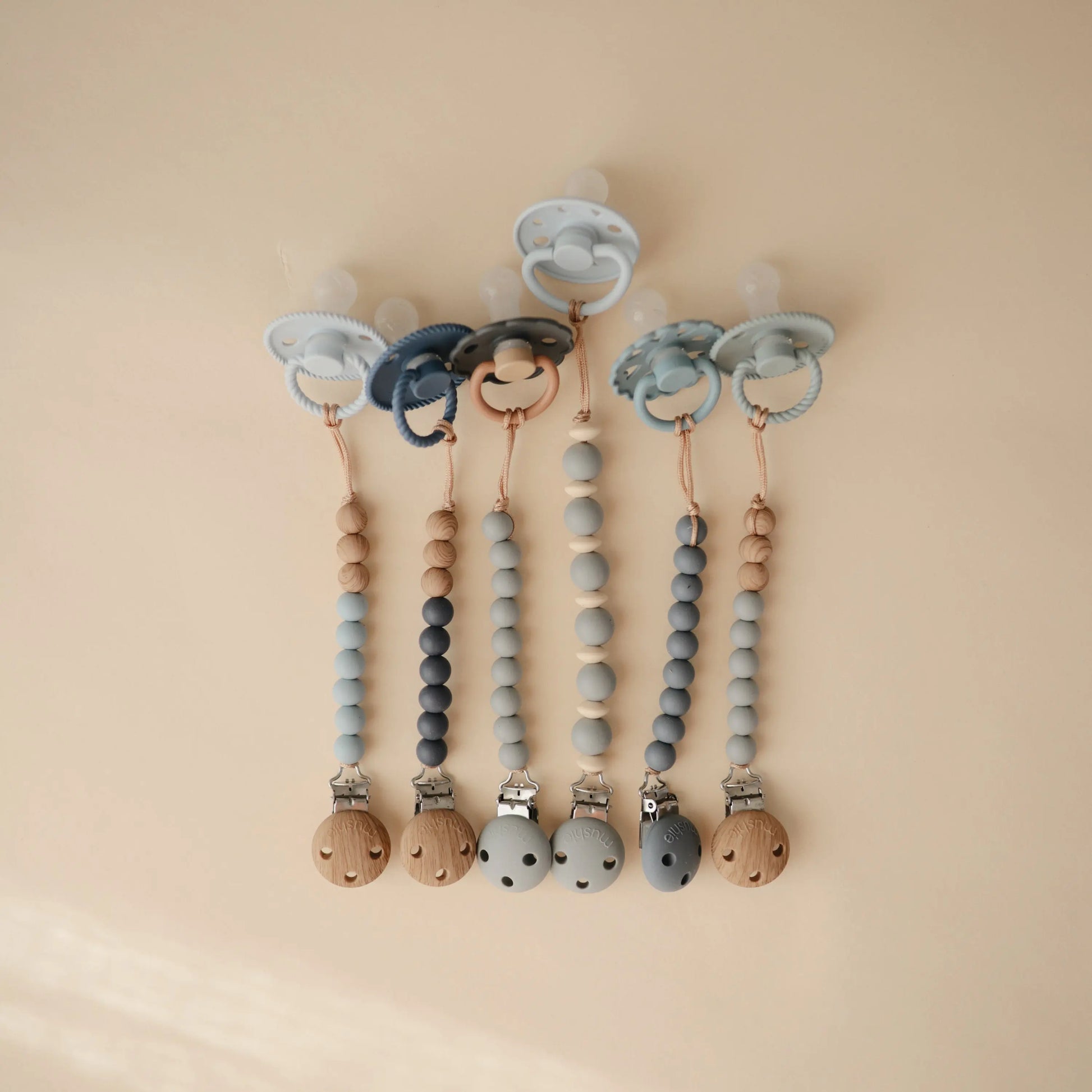 Silicone Pacifier Clip Eva with Faux Wood Clasp and Colorful Beads Mushie Everetts Place: Online Boutique