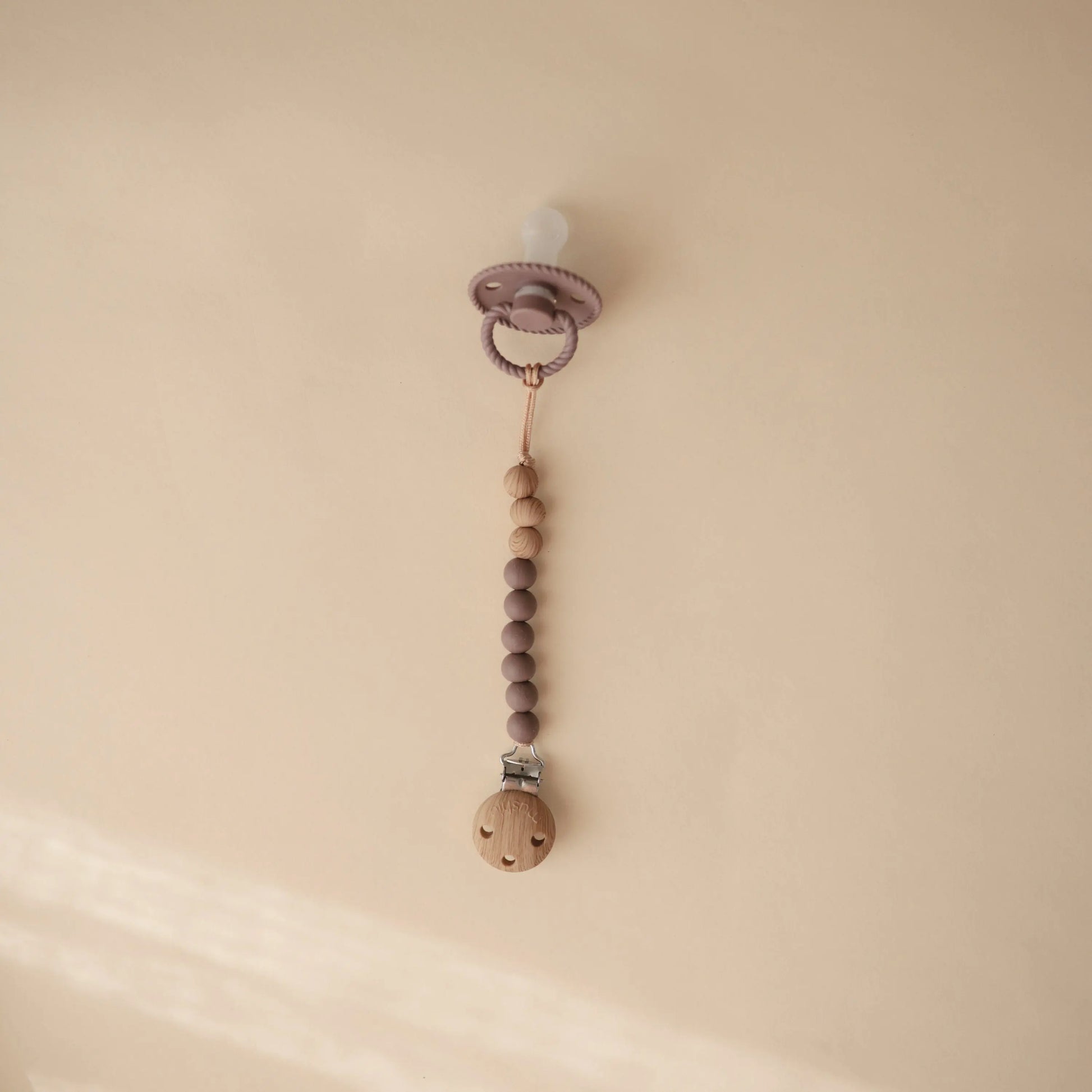 Silicone Pacifier Clip Eva with Faux Wood Clasp and Colorful Beads Mushie Everetts Place: Online Boutique