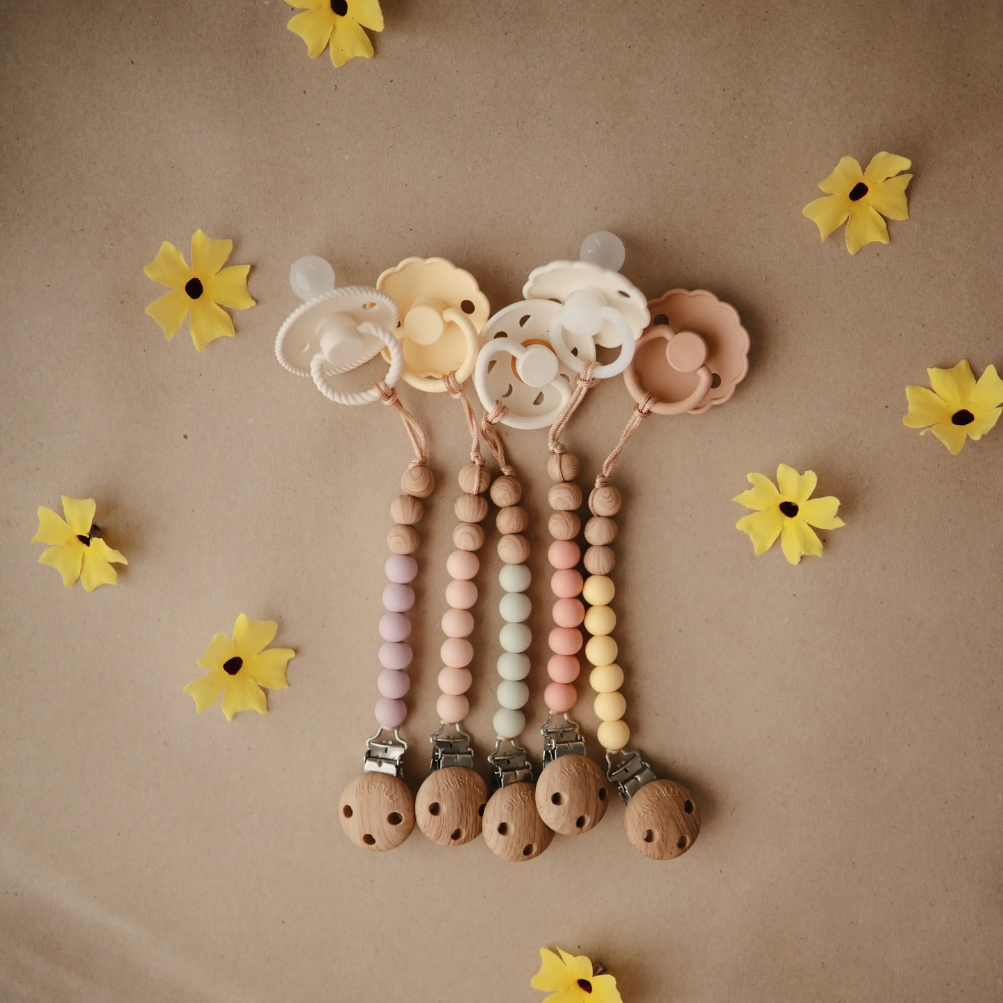 Silicone Pacifier Clip Eva with Faux Wood Clasp and Colorful Beads Mushie Everetts Place: Online Boutique