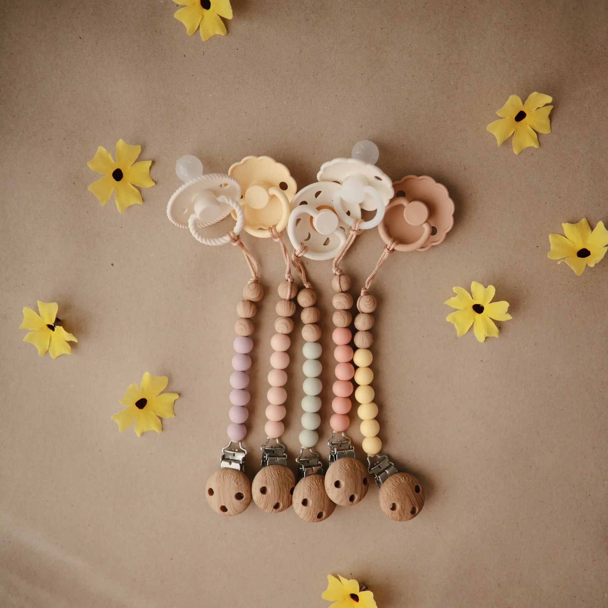 Silicone Pacifier Clip Eva with Faux Wood Clasp and Colorful Beads Mushie Everetts Place: Online Boutique