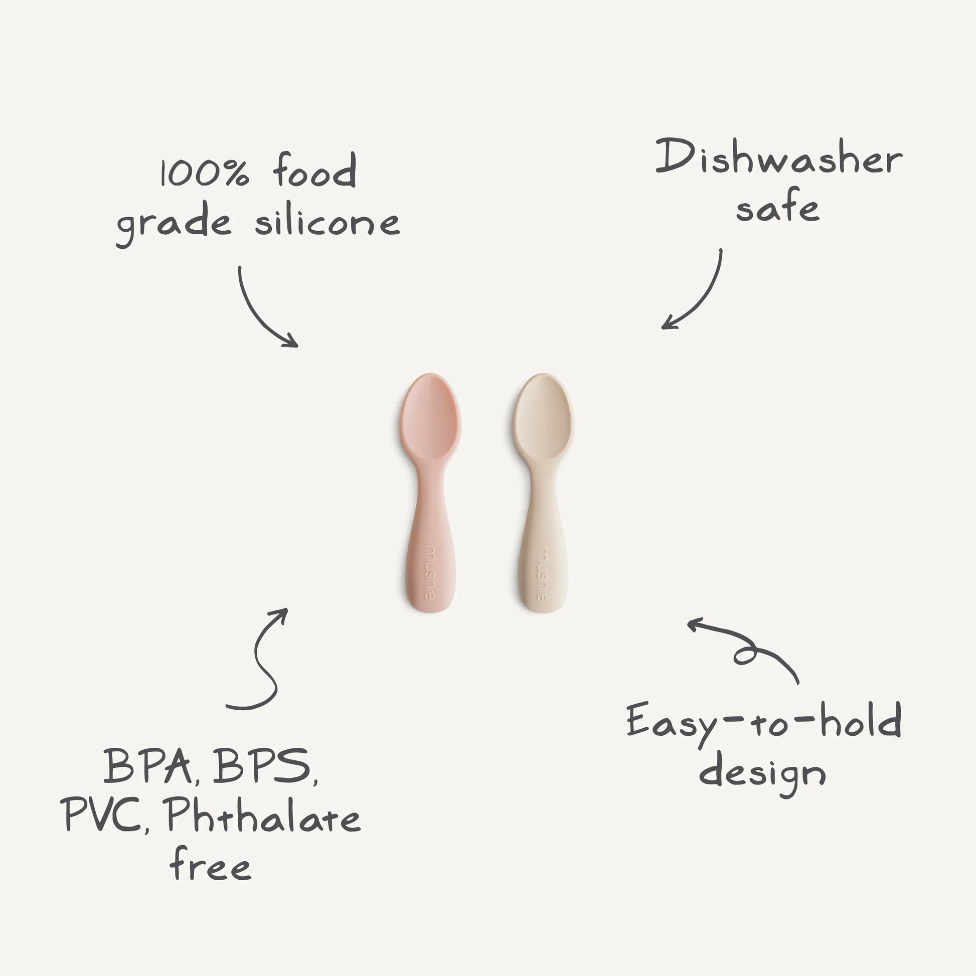 Silicone Toddler Starter Spoons Non Toxic Food Grade Gentle on Gums Easy Grip Handle Mushie