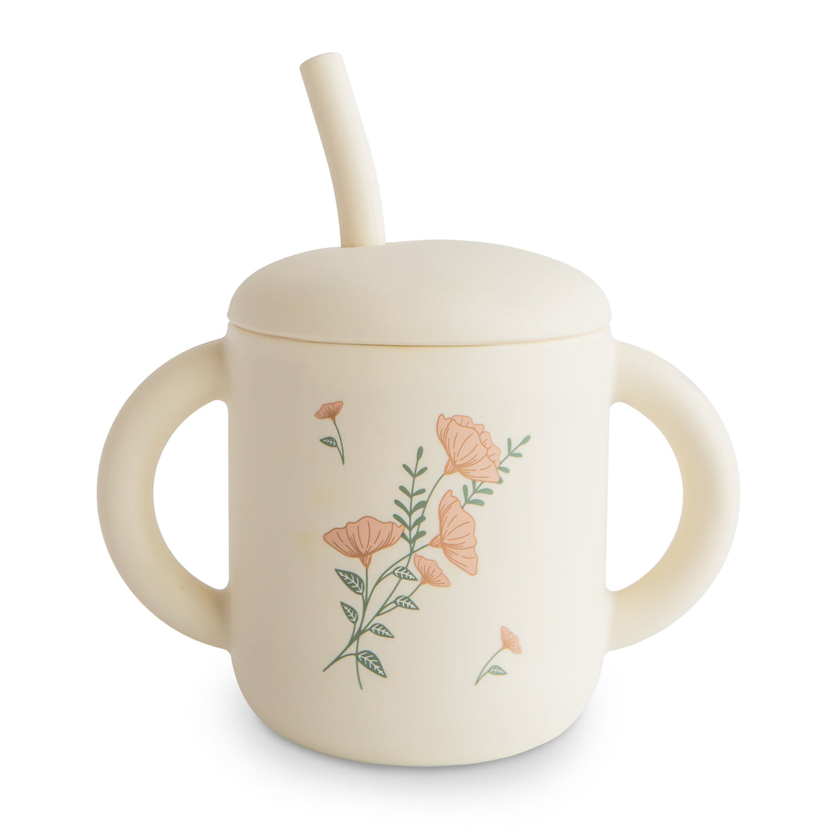 Mushie silicone training cup with straw in a neutral color, perfect for baby-led weaning.