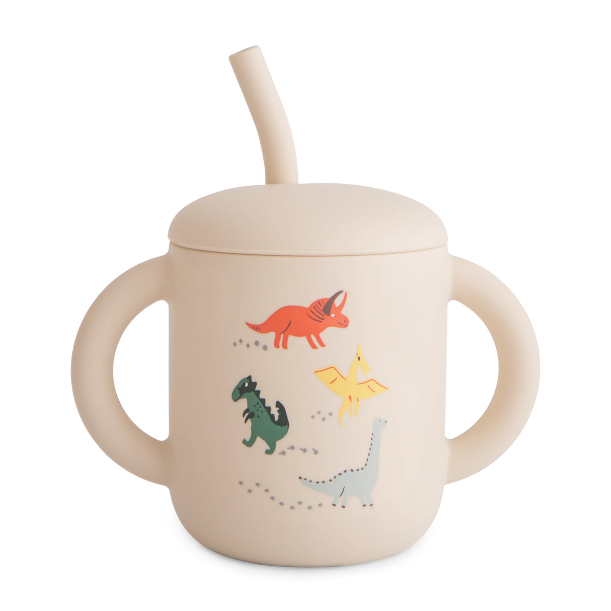 Mushie silicone training cup with straw in a neutral color, perfect for baby-led weaning.