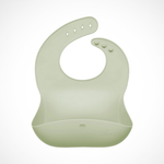 Sage green silicone baby bib with adjustable button strap and front pocket catch-all bucket