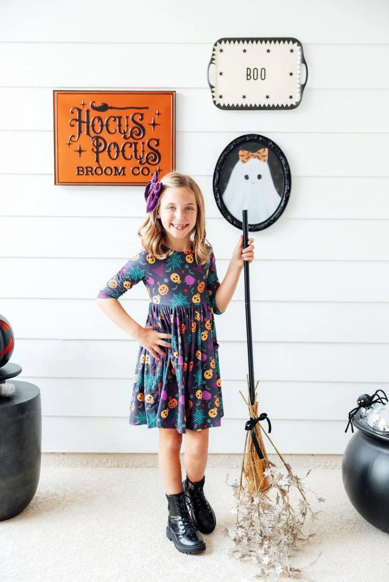 Mila & Rose ® Skeleton Web Twirl Dress Toddler Sleeve Pocket Cozy - Everetts Place Boutique - 