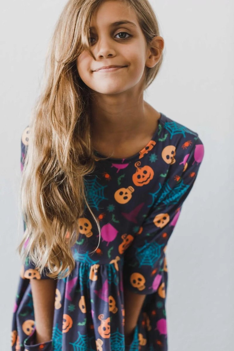 Mila & Rose ® Skeleton Web Twirl Dress Toddler Sleeve Pocket Cozy - Everetts Place Boutique - 