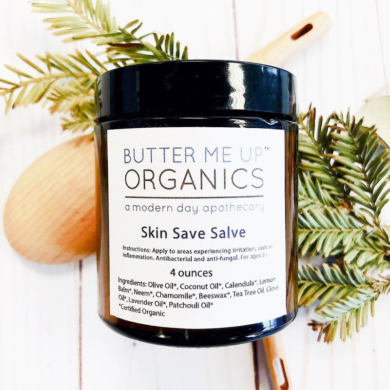 Organic Skin Save Salve in a jar with natural ingredients, antibacterial and antifungal properties.