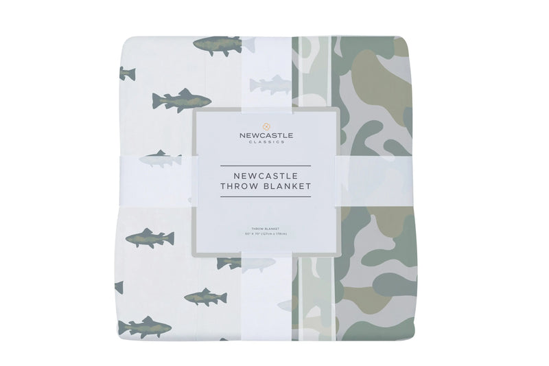 Gone Fishing and Hunter's Camo bamboo throw blanket with fish and camo design, 100% natural bamboo muslin.