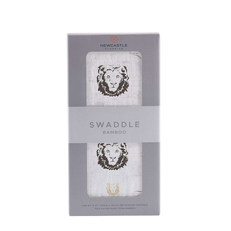 Hear Me Roar Lion Swaddle in packaging, made from soft natural bamboo muslin.