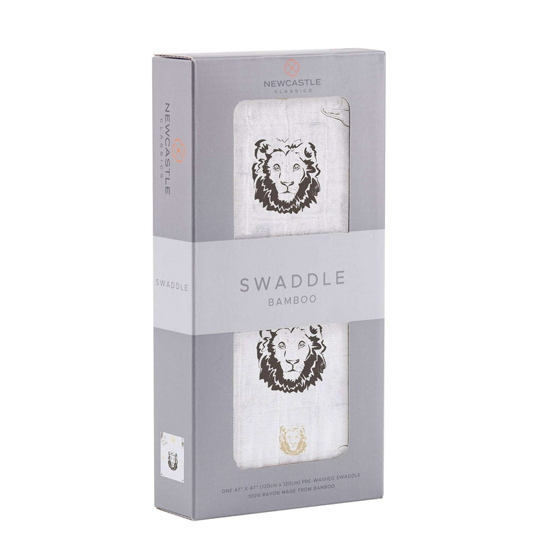 Hear Me Roar Lion Swaddle in bamboo muslin packaging, featuring a lion design.
