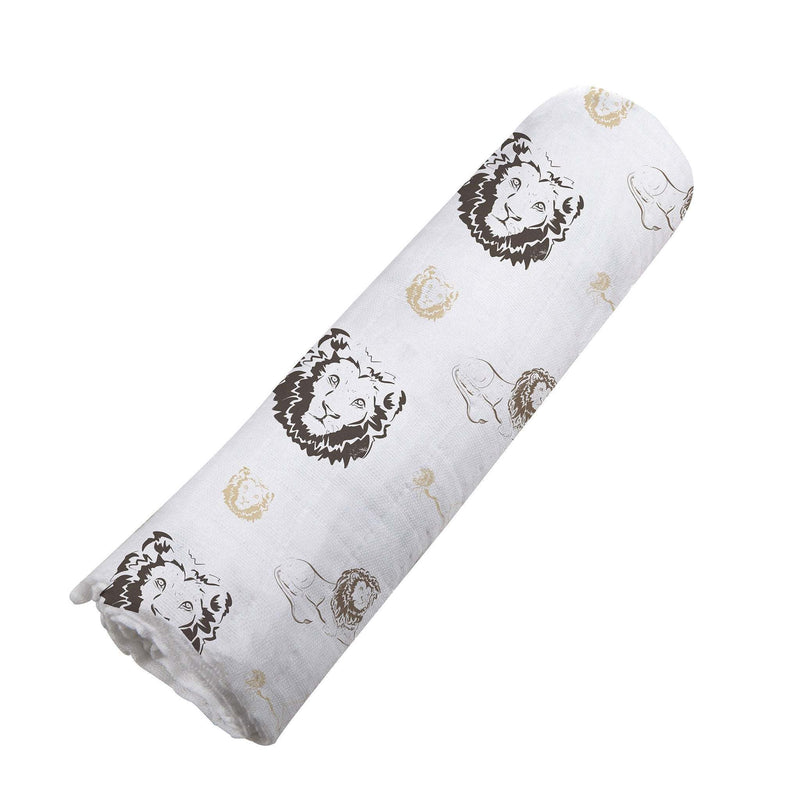 Lion-themed bamboo muslin swaddle for babies, "Hear Me Roar" design.