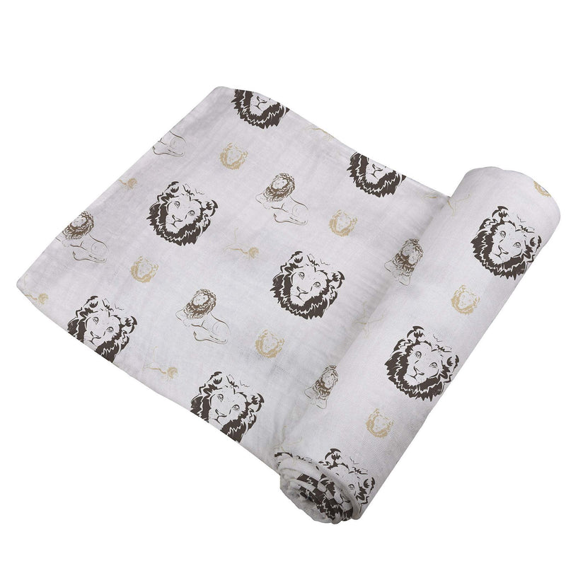 Lion-themed bamboo muslin swaddle, soft and breathable, 47" x 47".