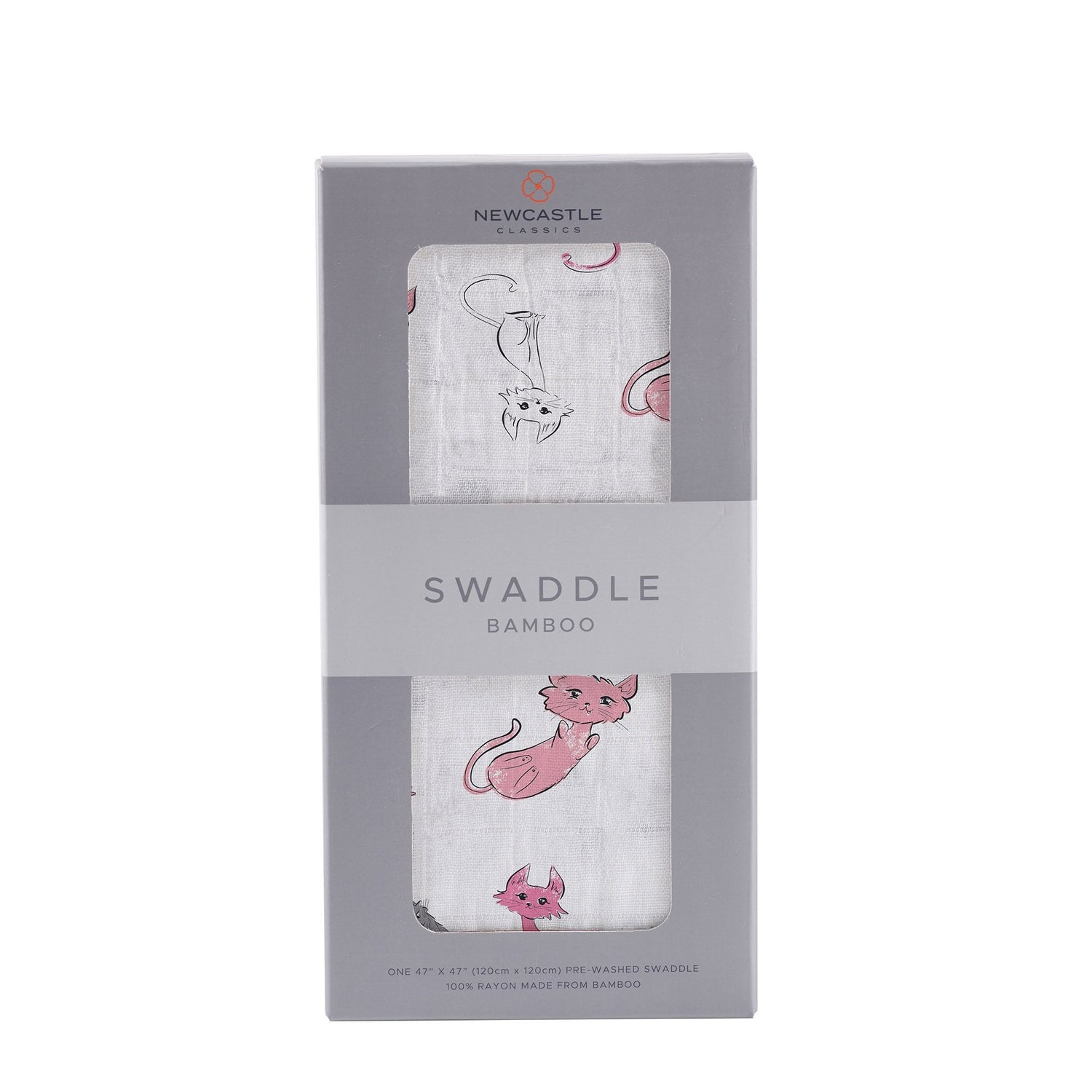 Bamboo muslin swaddle blanket with a playful pink kitty print, shown spread flat.