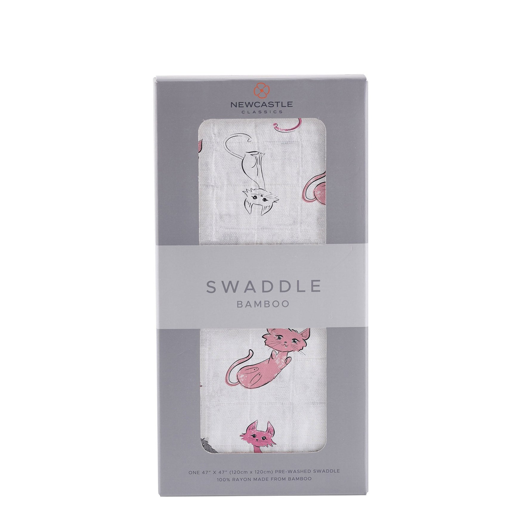 Bamboo muslin swaddle blanket with a playful pink kitty print, shown spread flat.