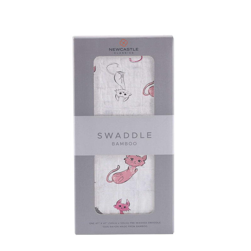 Playful Kitty Bamboo Muslin Swaddle in packaging with pink cat design.