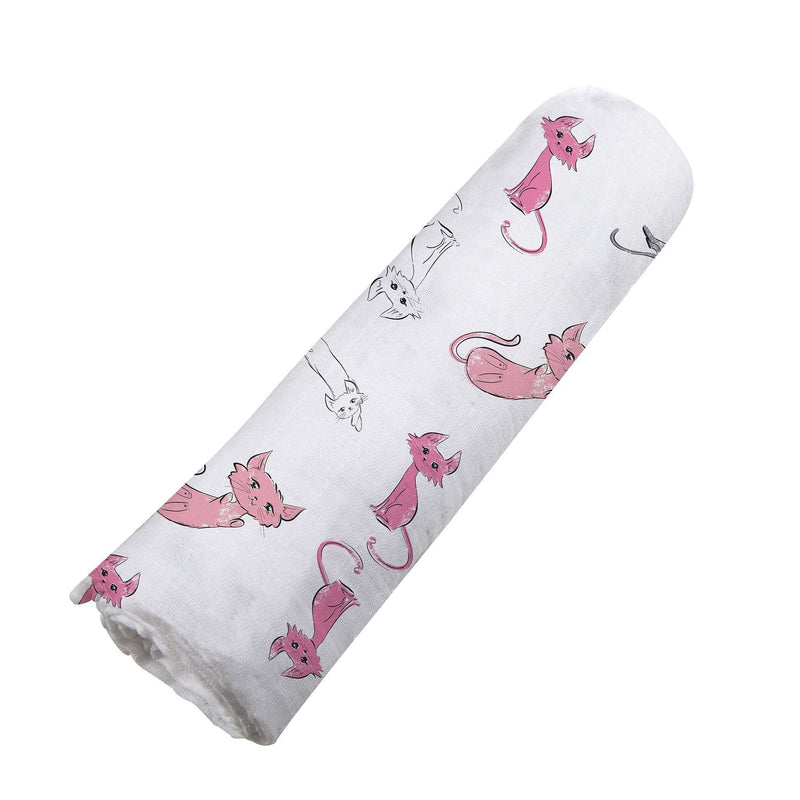 Playful Kitty bamboo muslin swaddle with pink and white cat pattern.