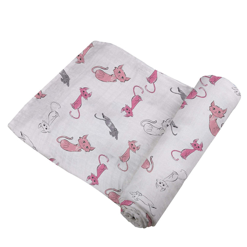 Playful Kitty bamboo muslin swaddle with pink and gray cat design.