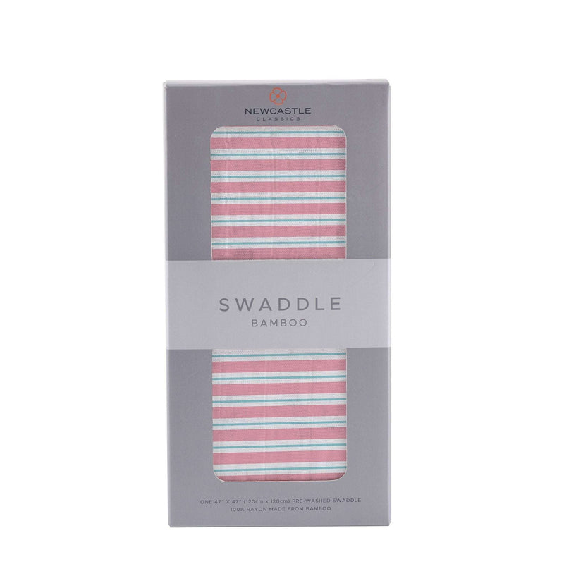 Candy Stripe Bamboo Muslin Swaddle in packaging, made from soft, breathable bamboo fibers.