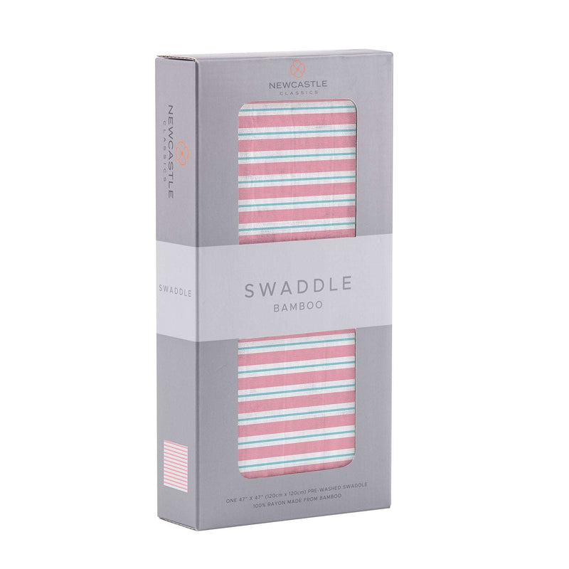 Candy Stripe Bamboo Muslin Swaddle in packaging, 100% natural bamboo, 47" x 47", breathable and versatile.