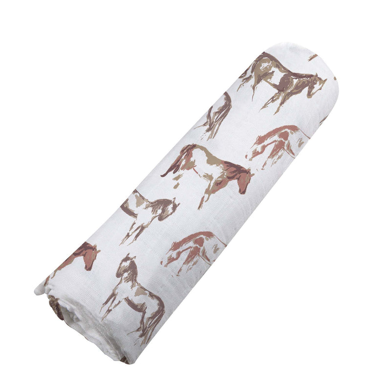 Wild Horses Bamboo Swaddle, soft bamboo muslin, white with horse print, versatile baby blanket.