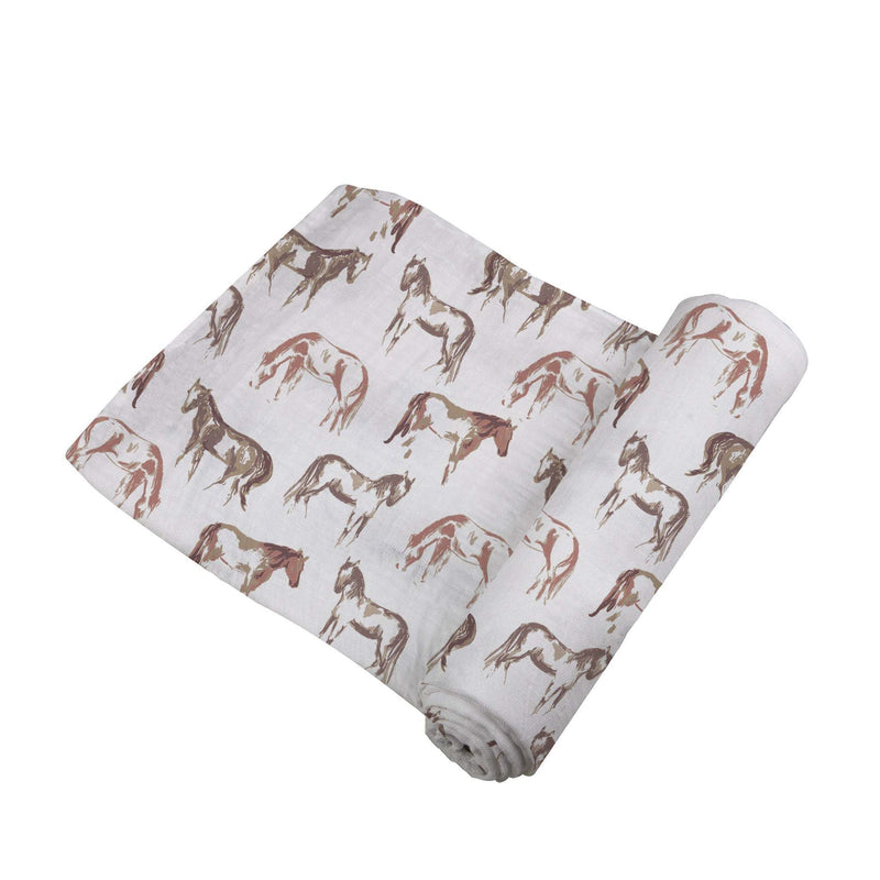 Wild Horses Bamboo Swaddle with horse print design, 100% bamboo muslin.