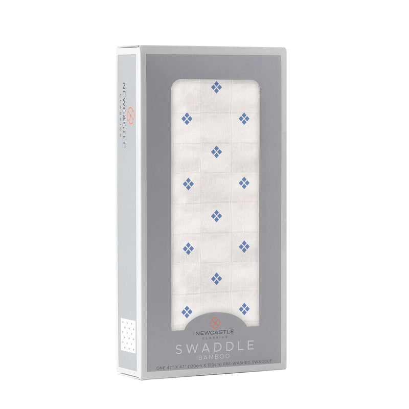 Periwinkle Diamond Polka Dot Swaddle in Packaging, Bamboo Muslin, 47x47 inches.