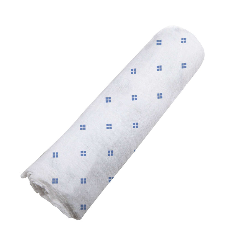 Periwinkle Diamond Polka Dot Swaddle, soft bamboo muslin blanket, rolled view.