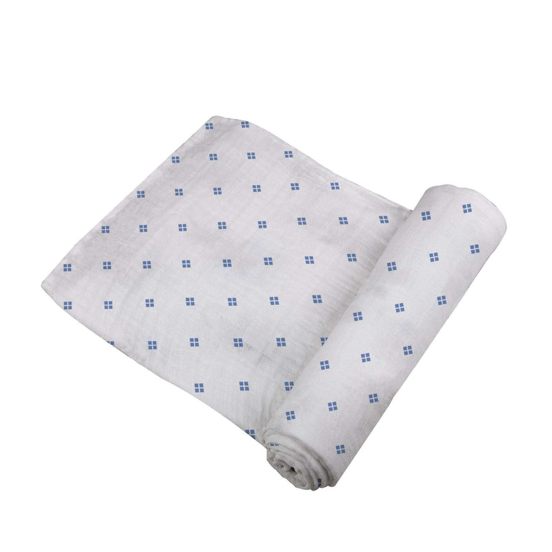 Periwinkle Diamond Polka Dot Swaddle made from soft, breathable bamboo muslin fabric.