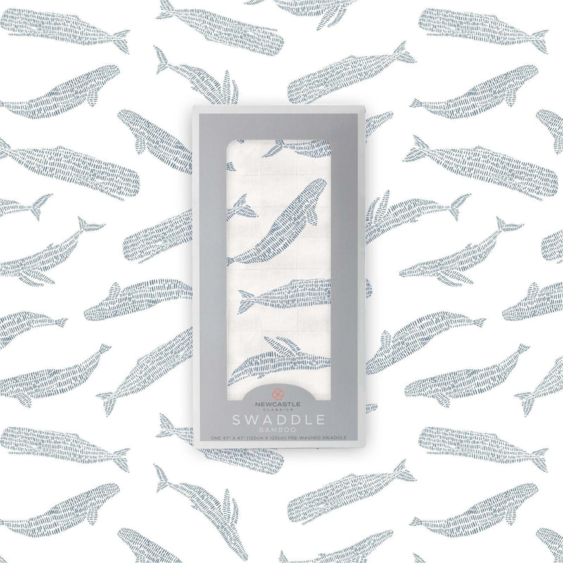 Blue Shadow Whales Bamboo Swaddle made from natural bamboo muslin with whale pattern, 47"x47" size.