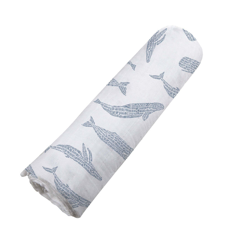 Blue Shadow Whales swaddle, 100% natural bamboo muslin, sized 47" x 47", featuring blue whale design.