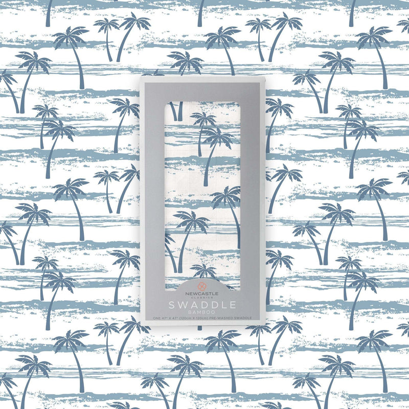 Ocean palm trees bamboo swaddle with tropical print; 100% natural bamboo muslin.