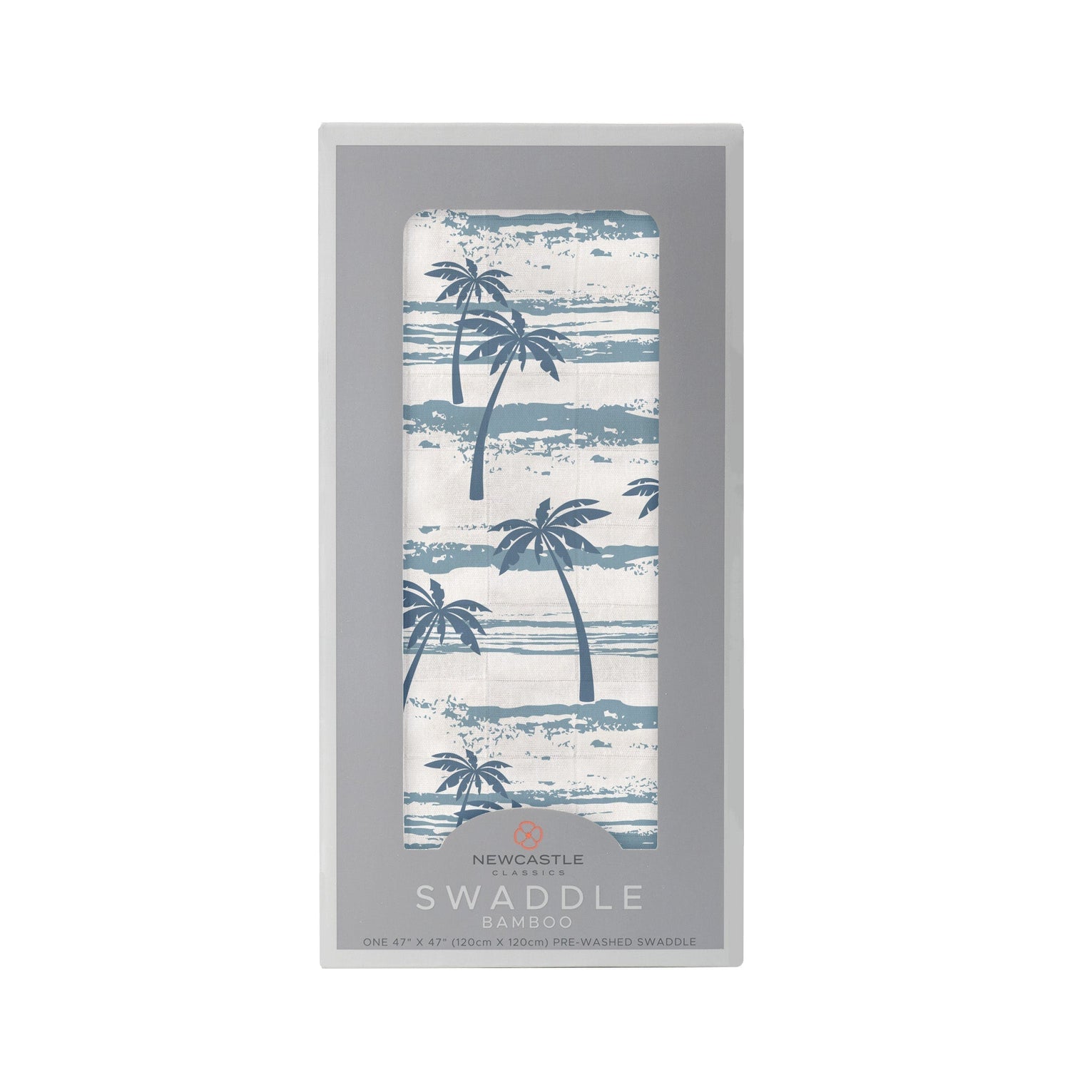 Bamboo muslin swaddle blanket printed with ocean palm trees in a repeating pattern