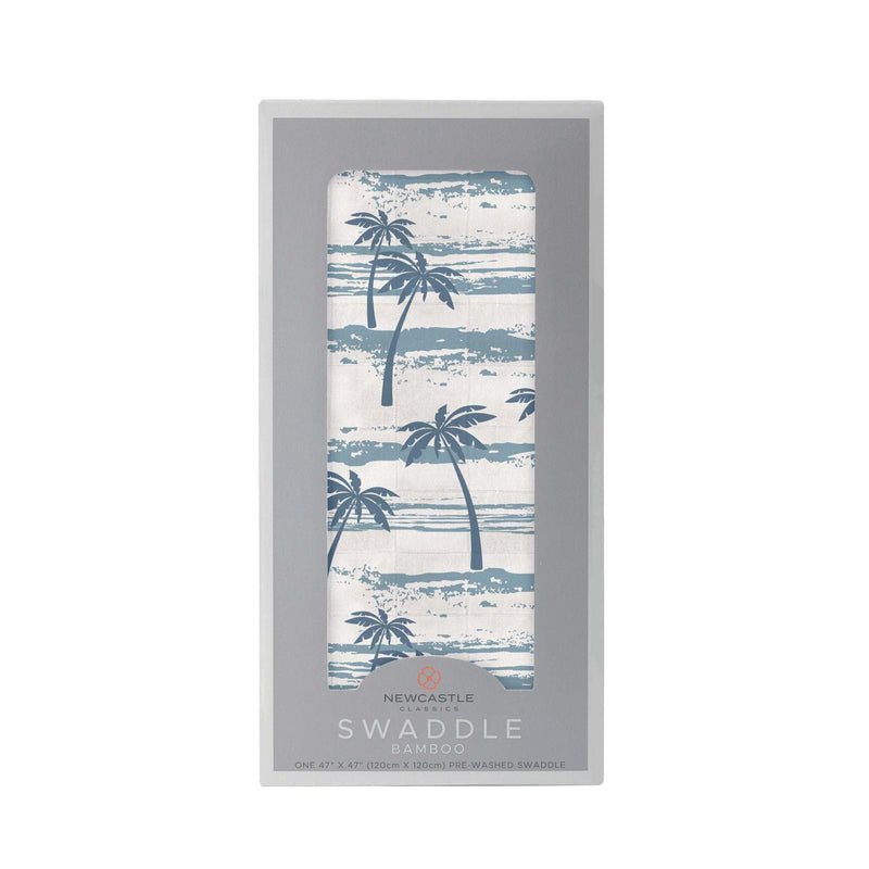 Bamboo swaddle featuring ocean palm tree design, 100% natural bamboo muslin, 47" x 47".
