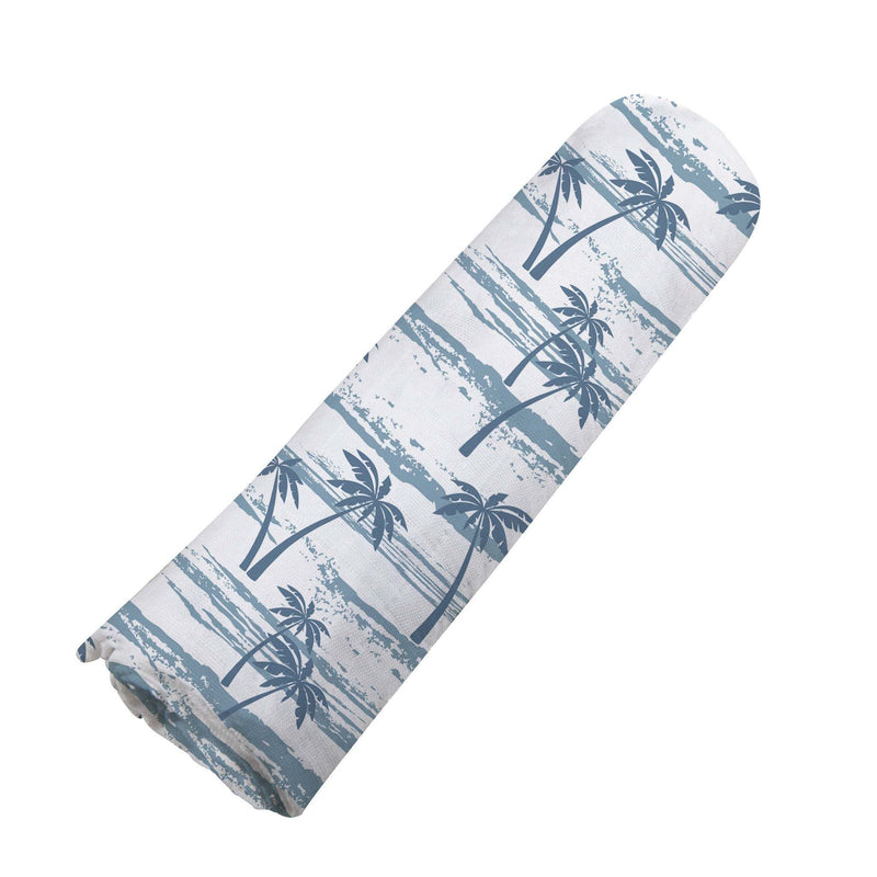 Ocean Palm Trees Bamboo Swaddle with blue palm tree pattern on soft, breathable natural bamboo muslin fabric.