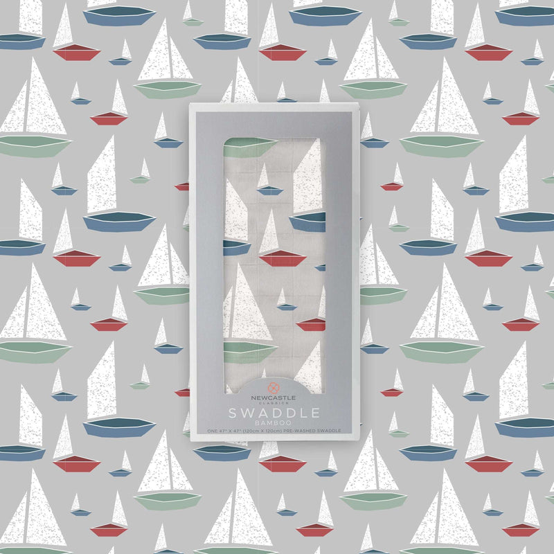 Bamboo muslin swaddle with marina sailboats design, 100% natural, 47" x 47".