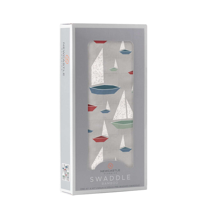 Marina Sailboats Bamboo Swaddle in packaging, made from 100% natural bamboo muslin, 47x47 inches.