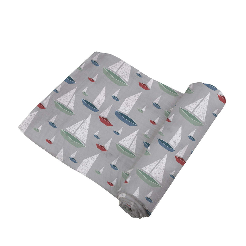 Marina Sailboats Bamboo Swaddle with colorful sailboat print, made from soft 100% natural bamboo muslin.
