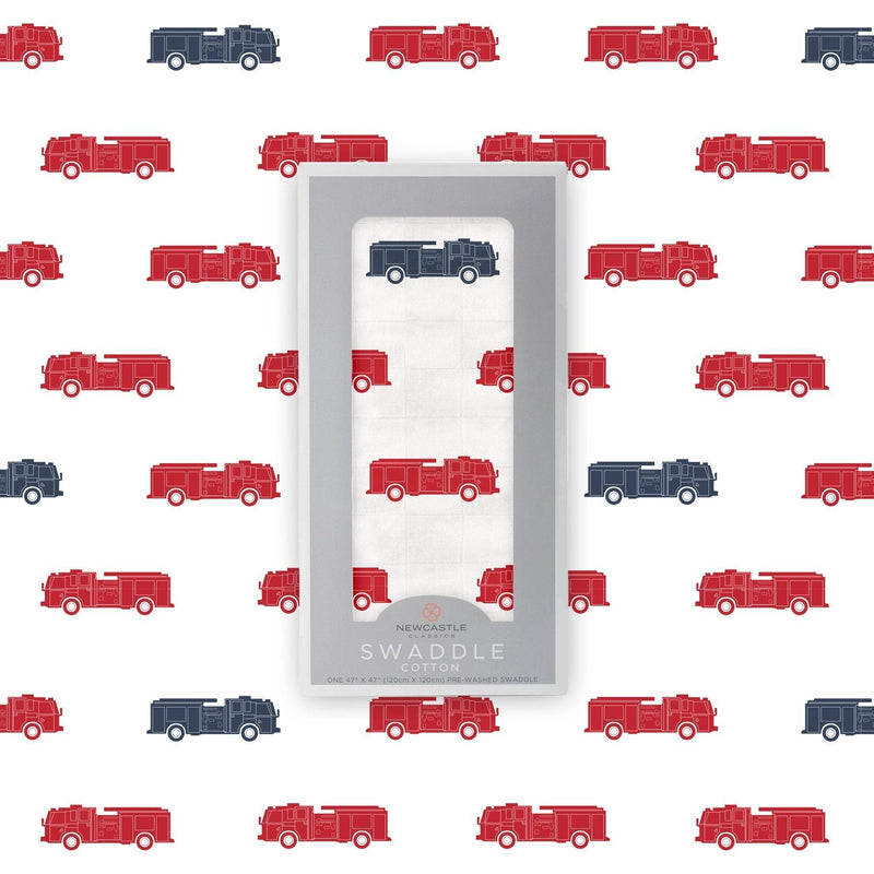 Blue and Red Fire Trucks Muslin Swaddle Blanket with Fire Truck Pattern