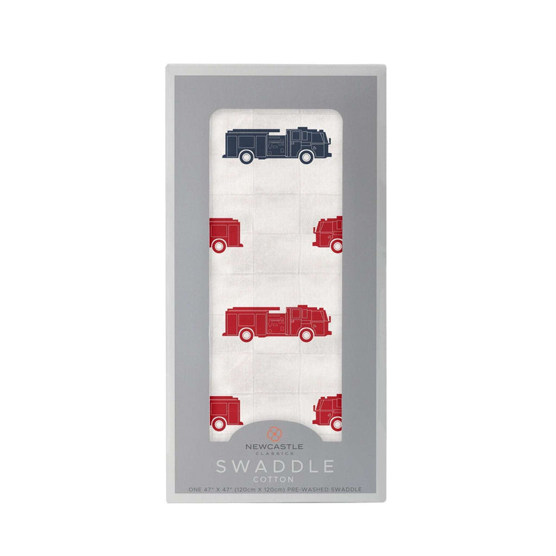 Blue and red fire trucks swaddle made of soft, breathable 100% cotton muslin.