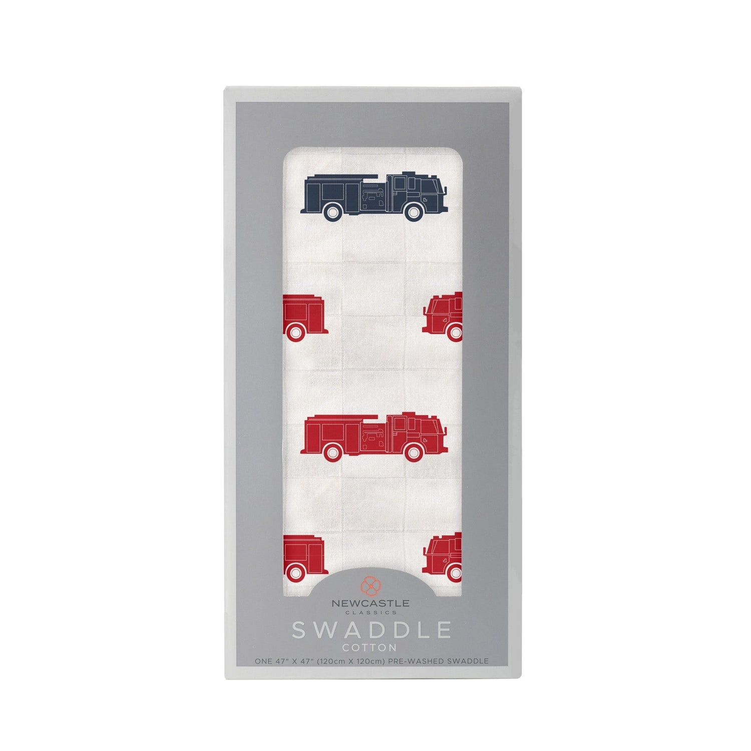 Muslin swaddle blanket with a fire trucks print