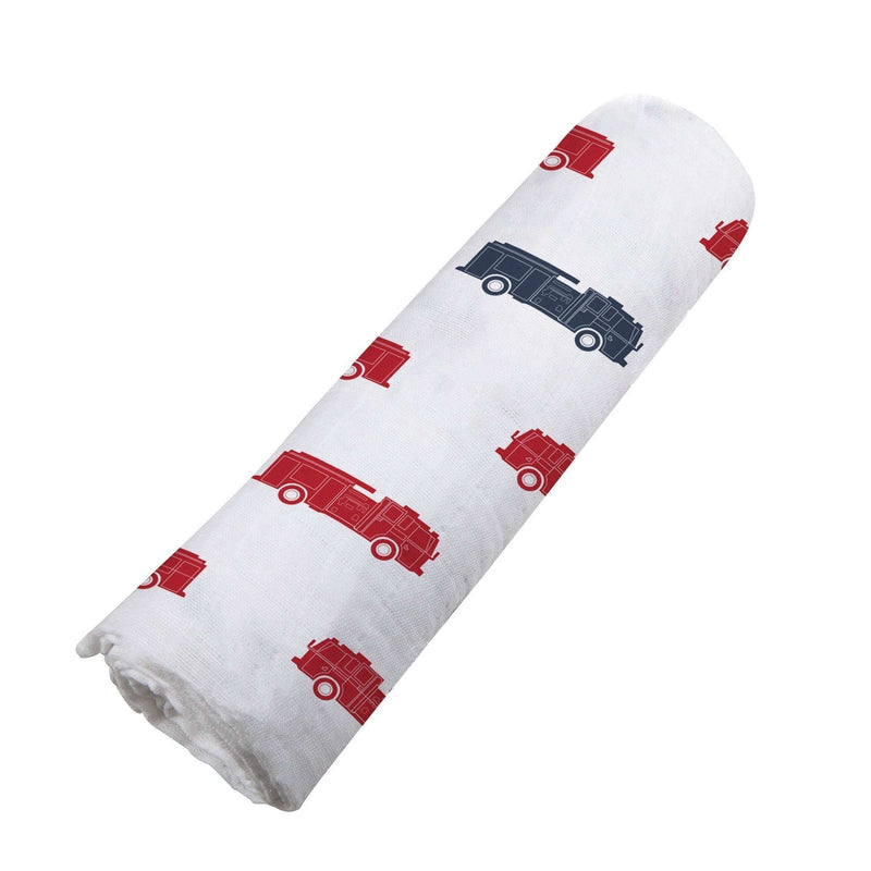 Blue and red fire trucks patterned cotton muslin swaddle.