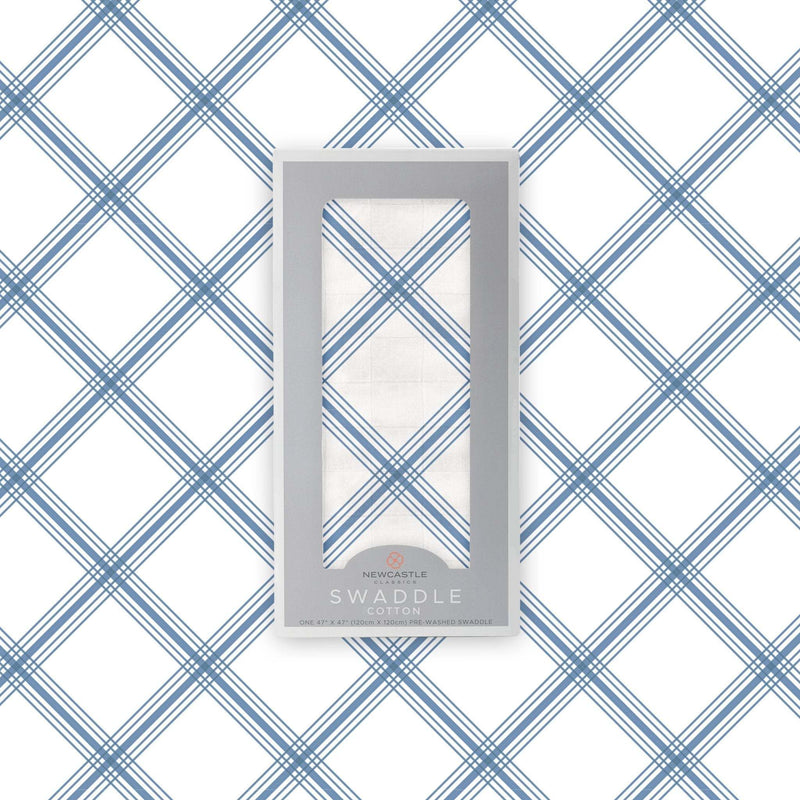 Blue Buffalo Check Plaid Swaddle made from natural cotton muslin, 47" x 47" size.