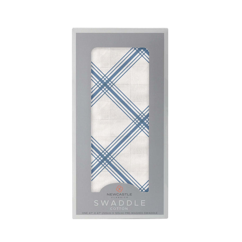 Blue Buffalo Check Plaid Swaddle in packaging, 100% natural cotton muslin.