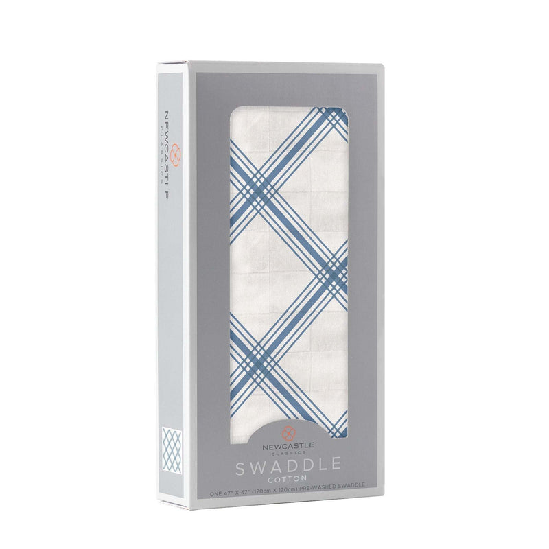 Blue Buffalo Check Plaid Swaddle in box, breathable 100% natural cotton muslin.