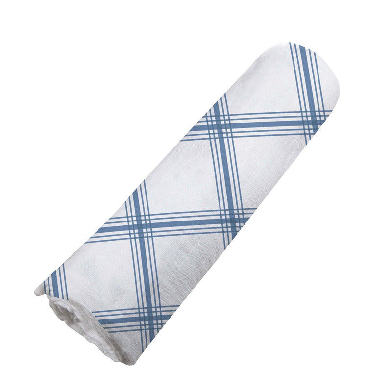Blue buffalo check plaid swaddle made from 100% natural cotton muslin.