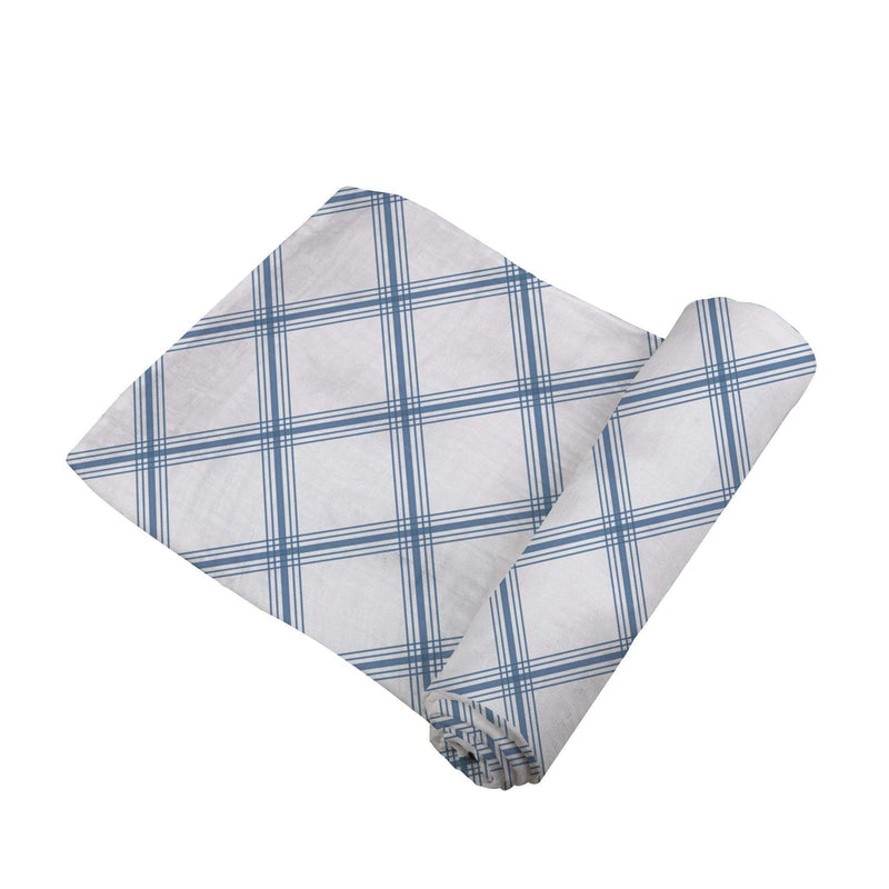 Blue buffalo check plaid swaddle made of soft, pre-washed natural cotton muslin.