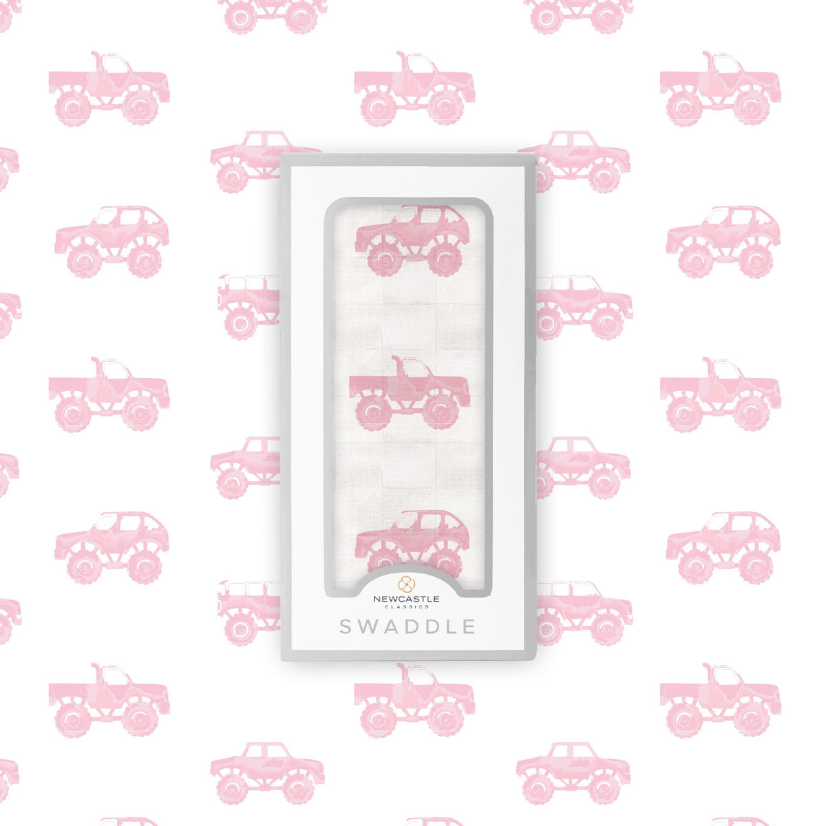 Organic Pink Monster Trucks Bamboo Muslin Swaddle by Newcastle Classics at Everetts Place